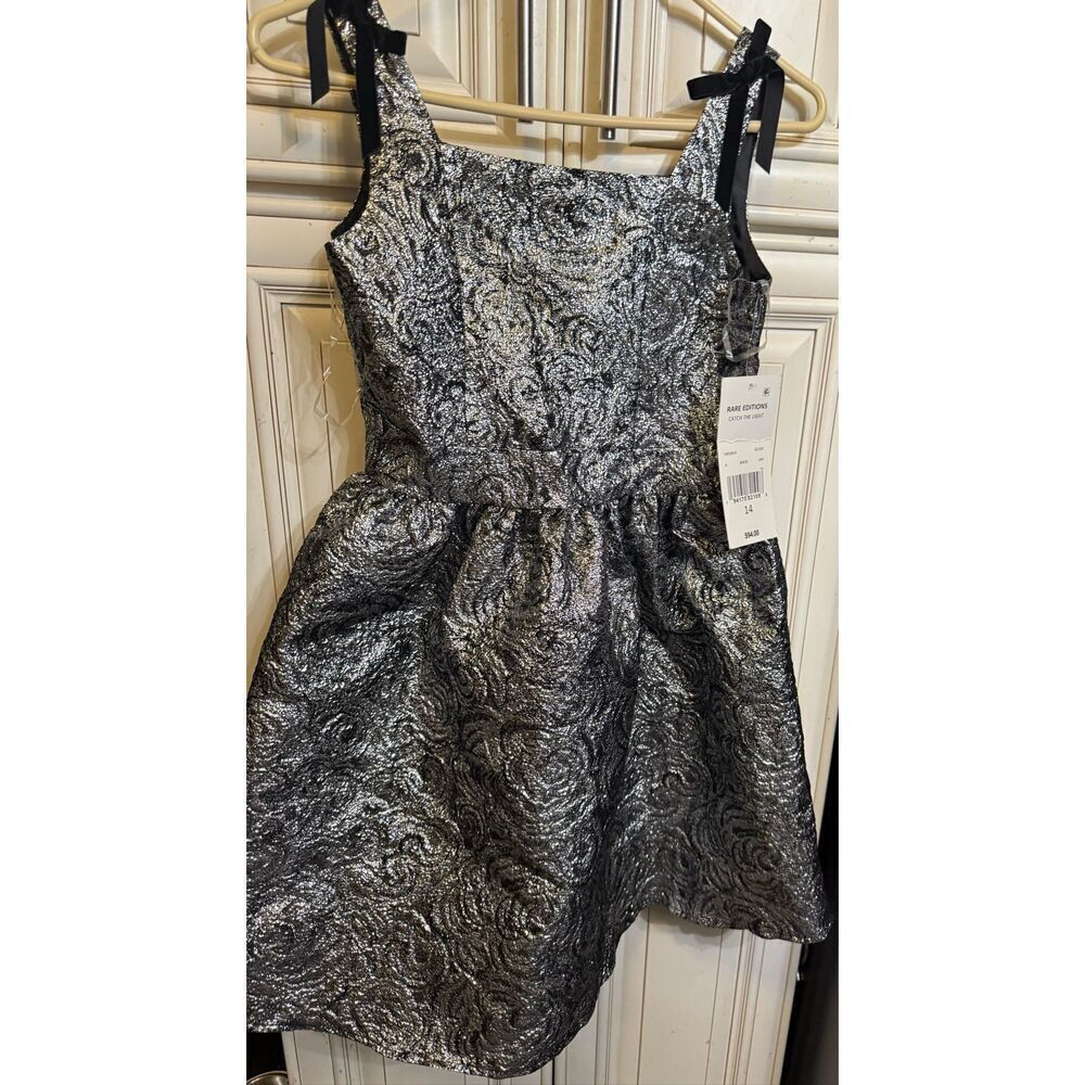 Rare Editions Girls Metallic Brocade Fit & Flare Social Dress Silver Size 14 NWT